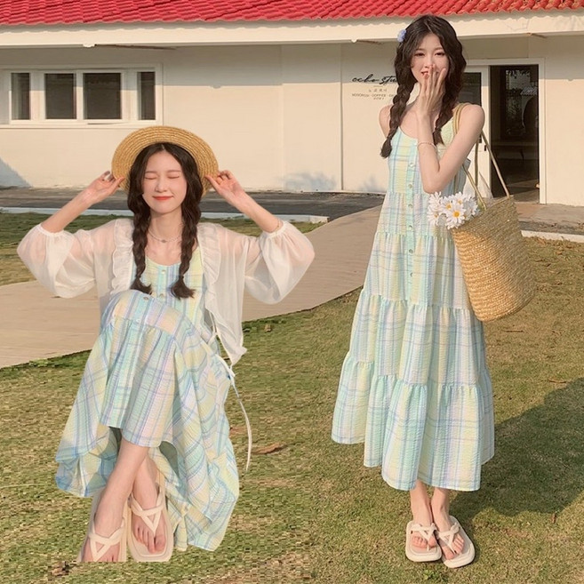 【梨卡】隔日到貨 女裝 洋裝 長裙 連身長裙 吊帶 背心過膝長裙 度假風洋裝 a字長裙 寬鬆洋裝HZ058, 如圖色