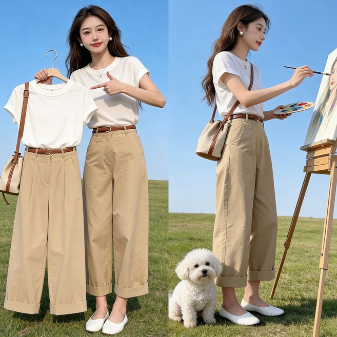 韓系夏日寬鬆短袖T恤 高腰九分褲 套裝, 1個, 2XL 【建議125-140斤】白色上衣【單件】