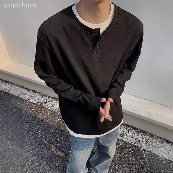 假兩件亨利領長袖t卹男款2025春秋新款重磅內搭打底衫寬鬆上衣服