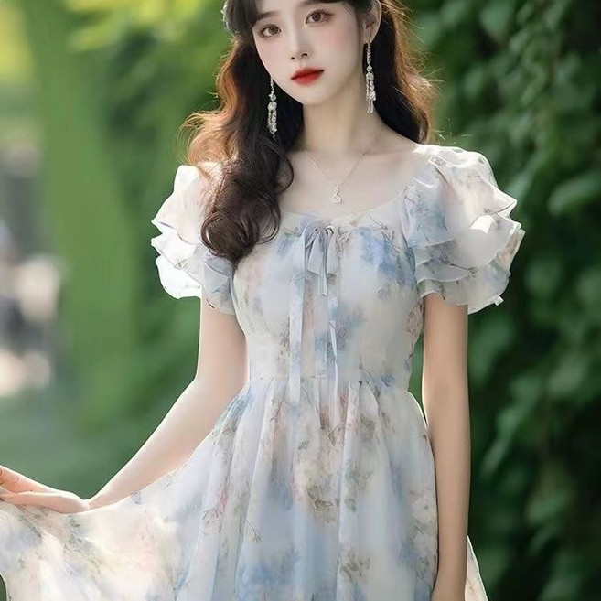 法式碎花洋裝女 收腰顯瘦公主風, 花色洋裝,XL 115-125斤, 花色