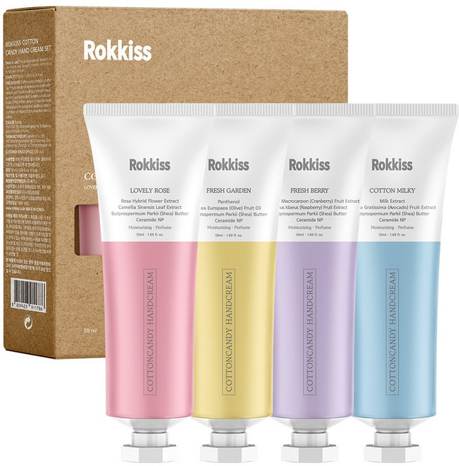 록키스 코튼캔디 핸드크림 러블리로즈 50ml + 프레쉬가든 50ml + 프레쉬베리 50ml + 코튼밀키 50ml, 1개