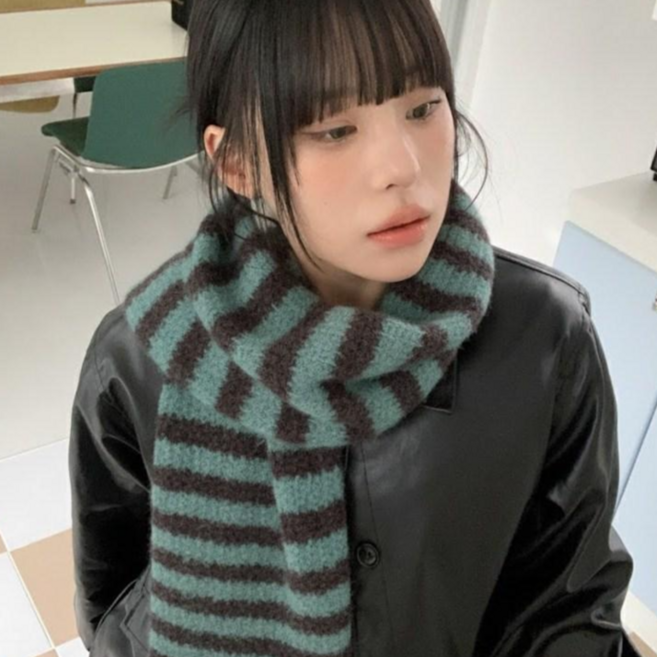 블루씨티 MD추천 포인트템 배색 줄무늬 니트 롱 머플러 목도리