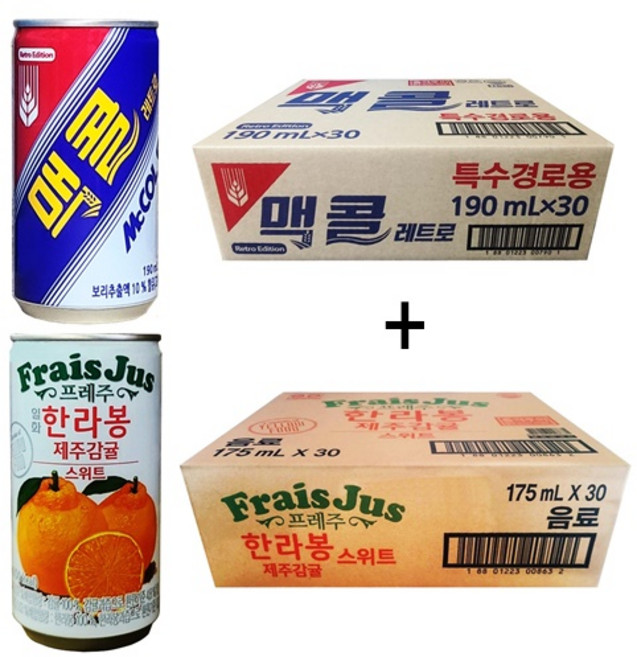 일화 맥콜 190ml(30캔) + 프레주 한라봉제주감귤 스위트 175ml(30캔) 60캔, 190ml