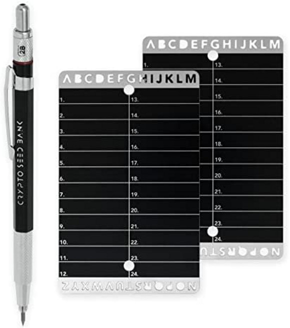 Crypto Seed Bank - Crypto Seed Phrase 저장을 위한 강판 - Bitcoin Cold Wallet을 위한 쉽고 정확한 조각 Seed Backup - 48 단어 조각 - Ledger Nano 및 Trezor One 하드웨어 지갑용, Plus-Size