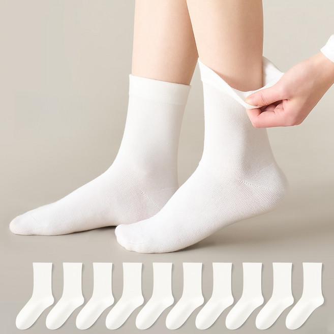 MJLP 여성 순색 중목 양말 화이트 학생용 데일리 10켤레