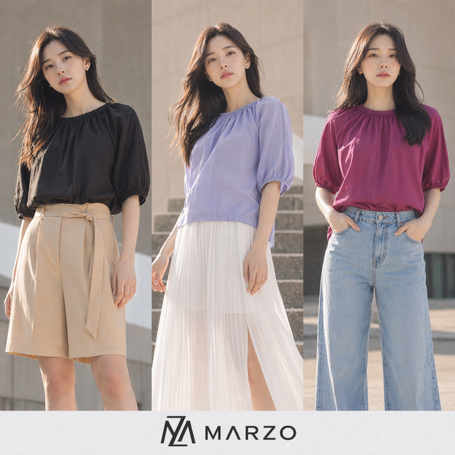 여성 간절기 구김없는 하객룩 반팔 셔링 블라우스 3종_5DMFB034