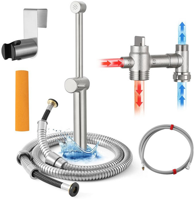 변기용 스테인리스 스틸 휴대용 비데 부착물 홀더 및 특수 SUS 고압 방폭 호스 브러시드 니켈 포함, KWOCI 브러시드 니켈 핸드헬드 온수 및 냉온 비데