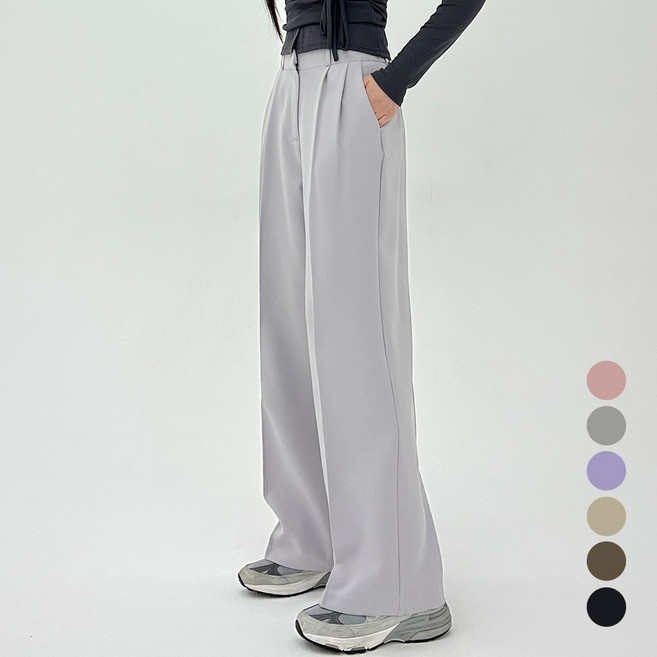 코모도 여성 와이드 슬랙스 팬츠 허리 밴딩 투핀턱 바지 6컬러
