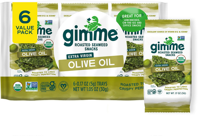 김미 유기농 구운 김 엑스트라 버진 올리브 오일 키토 비건 Gimme Seaweed Organic Premium Roasted Seaweed Snacks Extra Virgin, 1개, 5g