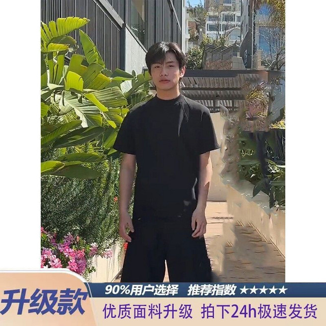 夏季太空棉空氣層涼感拼接短袖T恤男女美式薄款百搭情侶寬鬆上衣, YY60-黑色【高品質】,3XL 收藏關注優先發貨, YY60-黑色【高品質】