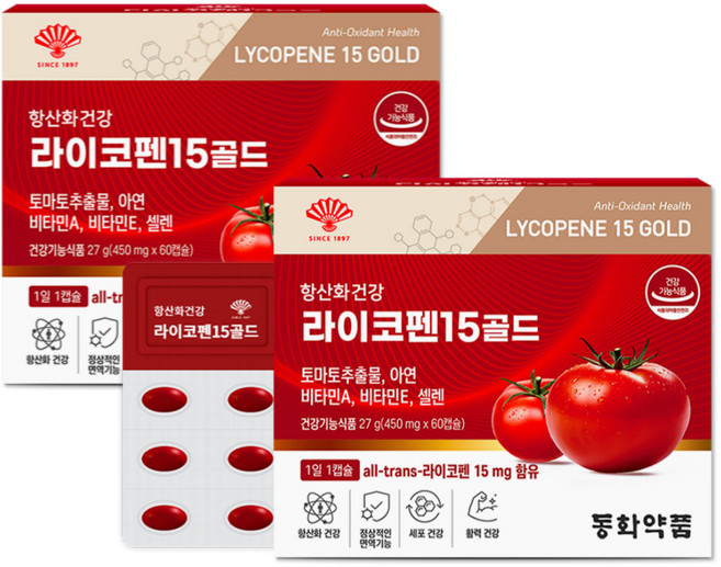 동화약품 항산화 건강 라이코펜 15 골드 고함량 토마토 추출물 영양제, 2개, 60정