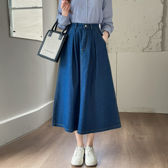 화지나무 빅사이즈 플레어 A라인 뒷 밴딩 롱 청치마 데님 스커트