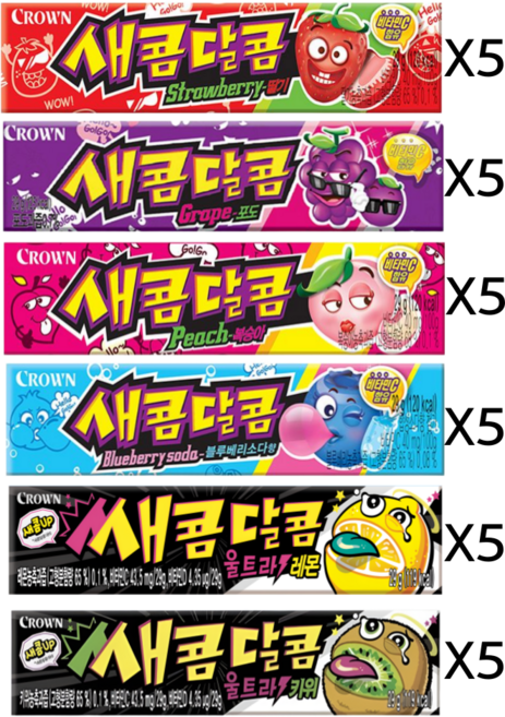 크라운 새콤달콤 스틱 딸기+복숭아+포도+블루베리소다+울트라레몬+울트라키위 (5개씩 6종모음), 29g, 30개