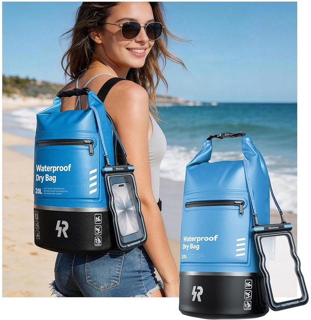 Rorhxia 20L 방수 드라이백 [IPX6 & Tearproof] 보너스 폰 케이스 카약 해변 낚시 체육관 캠핑 아웃도어용 롤탑 플로팅 보관 가방
