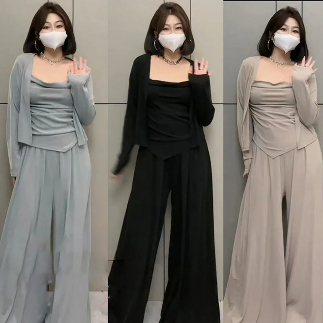 지고다그 빅사이즈 여성 여름 투피스 세트 티에+가디건+와이드팬츠 세련된 데일리룩HH1134