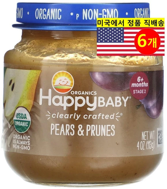 Happy Family Organics 6개월 이상 유아용 오가닉 과일 채소 곡물 퓨레 이유식 113g 6개, 6개, 배 자두 - 쿠팡