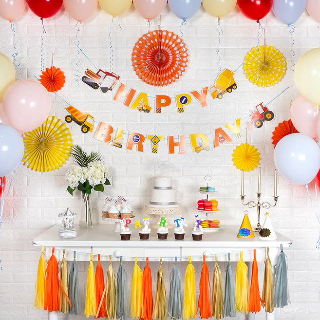 파티팡 A184 홈파티세트 HAPPY BIRTHDAY [중장비] (가랜드+풍선+페이퍼팬+태슬) 생일파티 파티용품 파티풍선, 1개