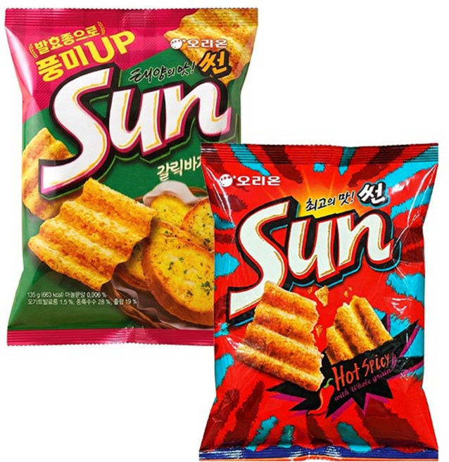 오리온 썬칩 2종 (핫스파이시 66g + 갈릭바게트 135g), 1세트, 201g