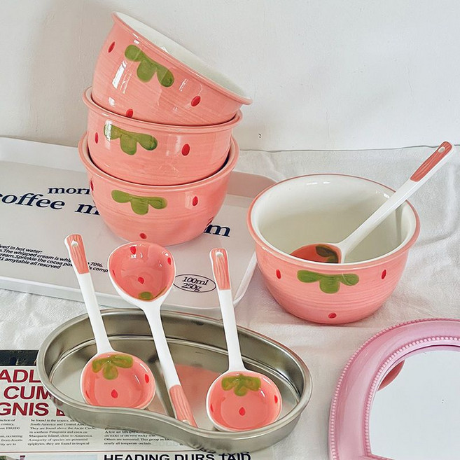 해피유통 딸기 수저 세트 식기 세트 jhwj, 4.5인치-2공기+2숟가락, 1개