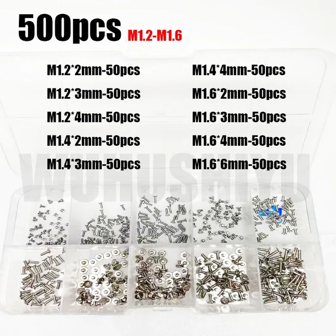 플랫 나사 볼트 세트 500/750개 미니 얇은 웨이퍼 노트북 휴대폰 안경 M1/2/4/6 M2/3 모음, 500PCS (M1.2-M1.6)