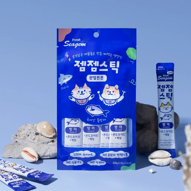 씨젬 젬젬스틱 방어 짜먹는 액상 간식(눈/신장/관절/구강) 선택가능, 관절튼튼 블루 방어(+콘드로이친+케일), 12g, 4개 - 쿠팡