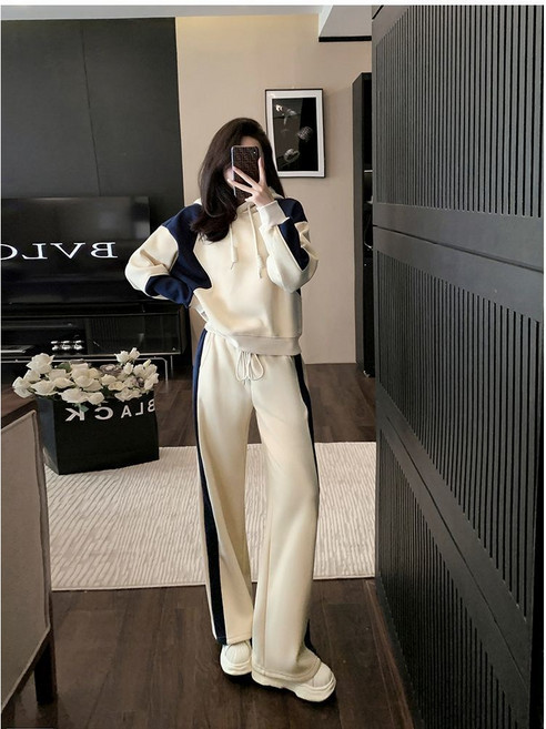 LOKEXING 여성가을 겨울기모 트레이닝 세트 맨투맨 후드+ 트레이닝 팬츠 투피스