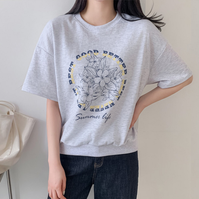 마이쏭 여성 여름반팔티 세미크롭 베럴플라워프린팅반팔맨투맨