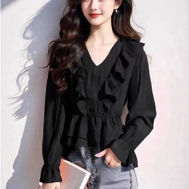 다중성 여성용 봄 여름 가을 브이넥 프릴 쉬폰 셔츠 루즈핏 긴팔 블라우스 26ng03jj