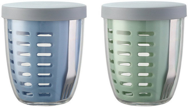 투데이리빙 1+1 과일 샐러드 물빠짐 도시락통 포크 포함 600ml 피크닉 간식 과일통 닭가슴살 야채 다이어트 도시락 용기 샐러드통 도시락컵 과일컵, 2개, R98806A(블루+그린