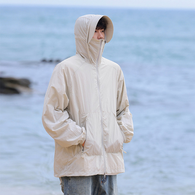 夏季男士新款防曬衣戶外寬鬆連帽休閒純色防紫外線時尚百搭外套, XL
