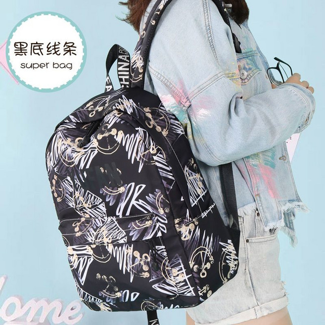 女學生書包 雙肩背包 ins風 大容量 輕便, 1個, 黑底線條
