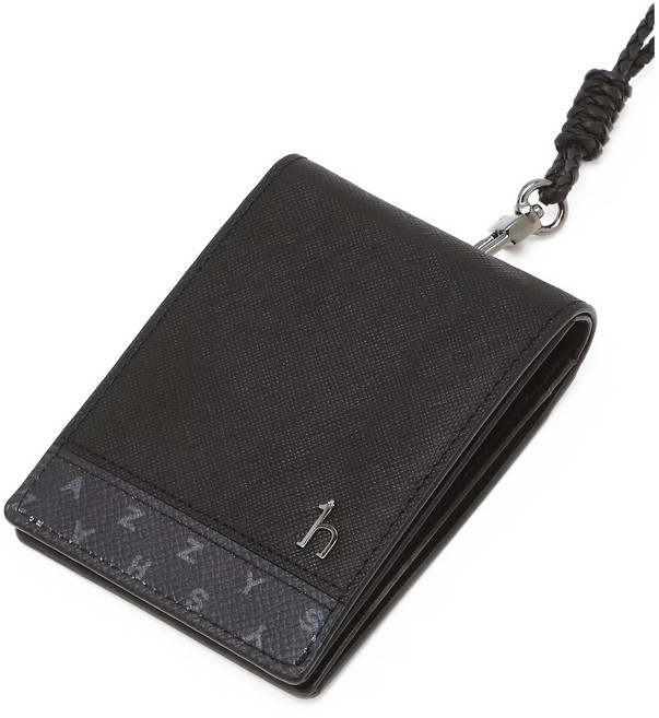 헤지스 남성 블랙 소가죽 이니셜패턴 명함 카드 목걸이형 2단 중지갑