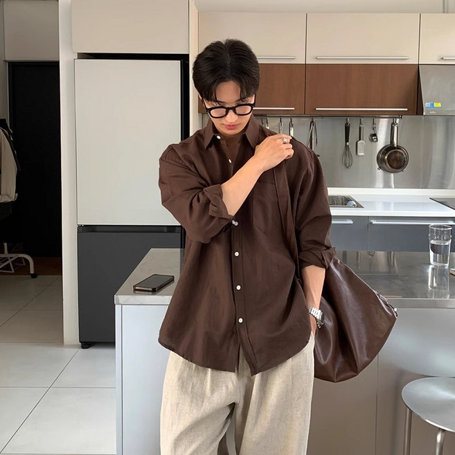 棉麻長袖襯衫男士春秋新款翻領休閒慵懶風純色寸衫感痞帥襯衣外套