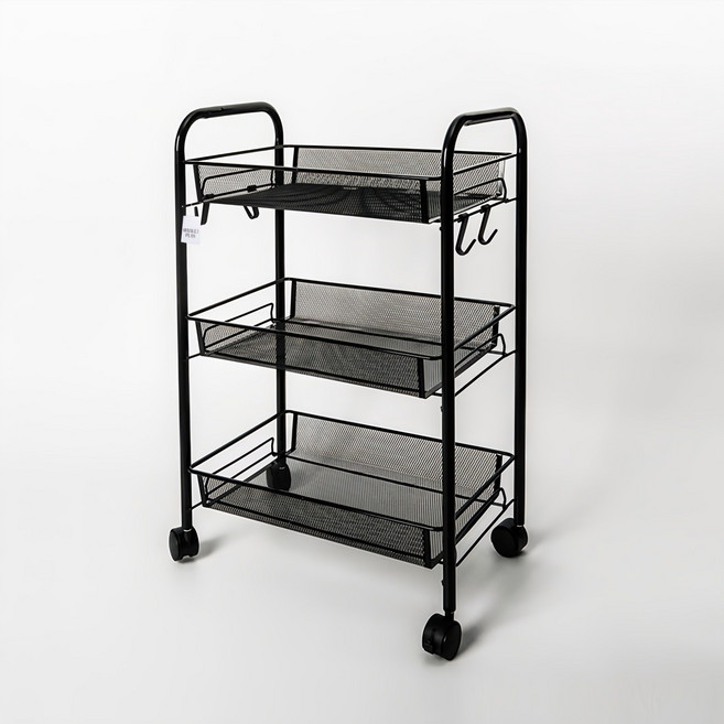 마켓플랜 메쉬 철제 트롤리, 블랙, 3단