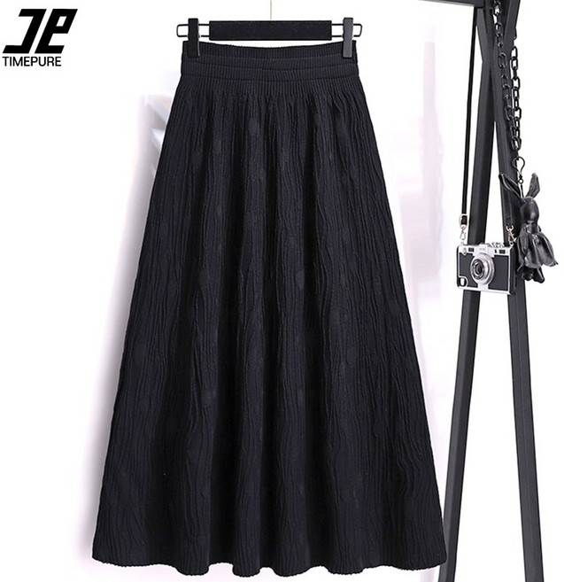 타임퓨어 여성 니트 플레어 롱 스커트 밴딩 스판 하이웨스트 A라인 롱치마 고급스러운 니트패턴 가을 겨울 스커트