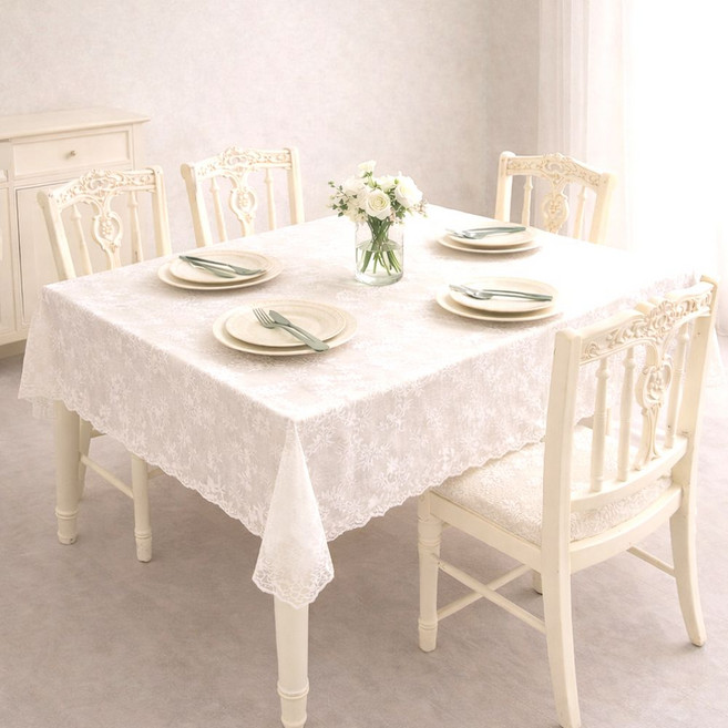 꼼쁘라스 가정용 행사용 레스토랑 웨딩드레스 레이스 식탁보, 1개, 150*150, 화이트