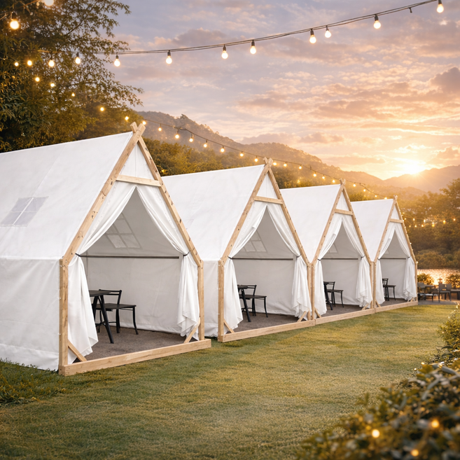 캠핑무드 삼각텐트 글램핑텐트 야외 바베큐장 캠핑용 감성 카페 캐노피 방갈로 쉼터 글램핑, 4인, 화이트 지붕형