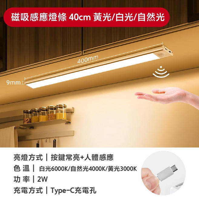 超薄手持 LED燈條 廚房燈 櫥櫃燈 台灣公司貨附發票, 1個, 磁吸充電式三色溫控感應燈長度40公分