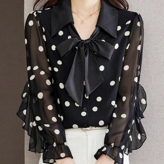 COSYEVNO 쉬폰 셔츠 도트 리본 넥타이 루즈핏 캐주얼 패션 봄 여성 긴팔 블라우스