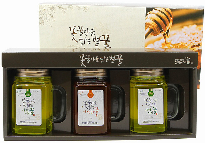 [꽃꿀100%] 머그 벌꿀선물세트 (아카시아꿀 x2병 + 야생화꿀 x 1병 각500g), 1.5kg, 1개