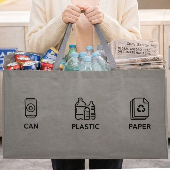 메라움 한번에끝 3단 접이식 재활용 분리수거함 올인원 휴대용 방수 타포린, 포그그레이