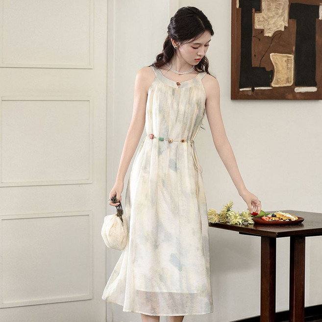 지고다그 여성 플라워 프린트 슬리브리스 원피스 리본 디테일 귀여운 여름 드레스 ZXC40032