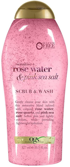 오지엑스 센시티브 로즈워터 바디 스크럽 sensitive rose water Pink sea salt scrub wash 577ml, OGX 핑크 씨 쏠트 & 로즈워터 바디 스크럽 워시 가, 1개
