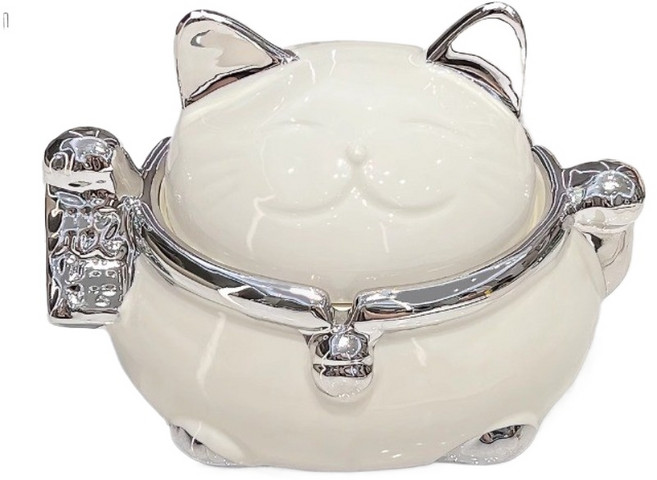 招財貓菸灰缸 帶蓋密封防異味桌面擺件, 招財貓菸灰缸（奶白銀）, 1個