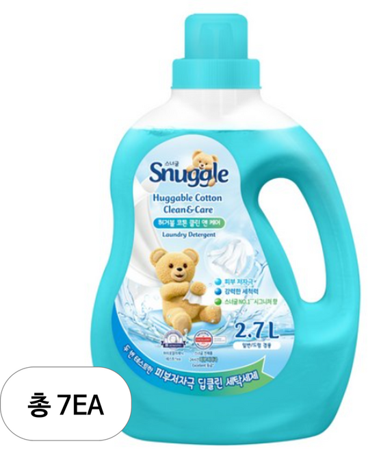 스너글 액체 세탁세제 허거블 코튼 클린 앤 케어 본품, 2.7L, 7개