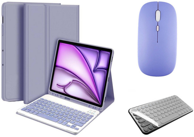 아이패드 호환 에어 프로 미니 1/2/3/4/5/6/7/8/9/10 세대 M2 M4 펜슬 수납 블루투스 키보드 케이스 무선 마우스 세트 iPad Pro Air Mini 케이스나라, 라벤더