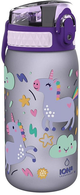 Ion8 누출 방지 아동용 물병 350ml/12온스 유니콘 - BPA 프리 냄새 방지 재활용 폴리머 원터치 플립 뚜껑 캐리 루프 빨대 없음 - 식기 세척기 사용 가능, Ion8 누출 방지 아동용 물병, 350ml/12온스,