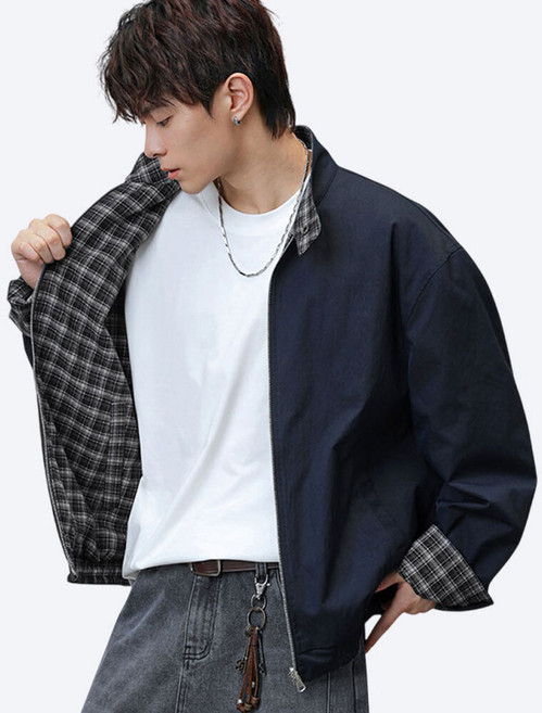 에치케이 남성 오버핏 체크 배색 리버시블 자켓 양면 활용 블루종 점퍼 하이넥 밴딩 루즈핏 집업 캐주얼 데일리룩