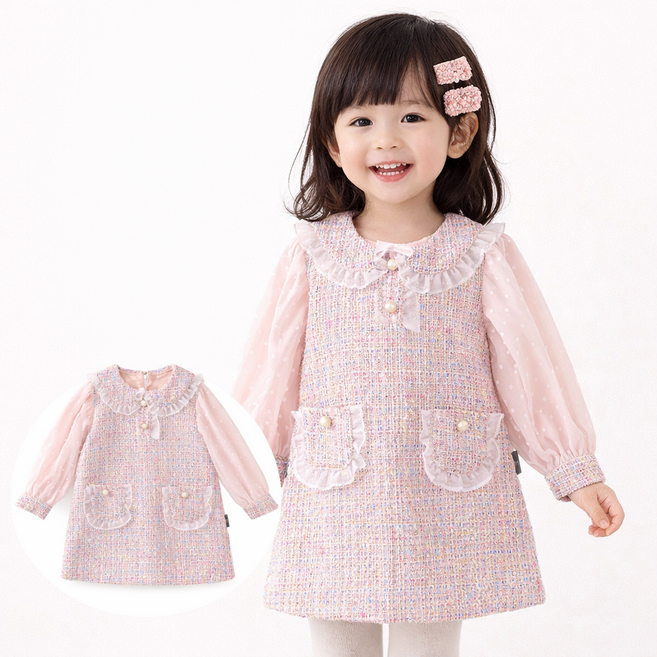여아 트위드원피스 프릴카라 도트 시스루 소매 진주버튼 포켓 러블리 드레스 아동 겨울 원피스