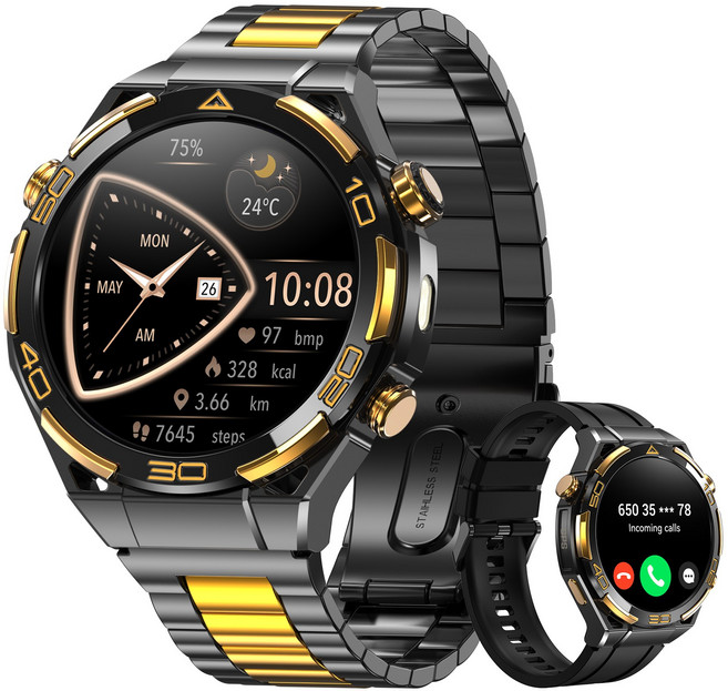 IOWODO W90pro 아웃도어 스마트워치 남성 시계 1.43인치 스틸밴드 GPS 운동경로 나침반 기상 메시지 알림 혈중산소 심박수 수면 스트레스 측정 건강 모니터링, GPS + 블루투스, 4.8cm, 검정색